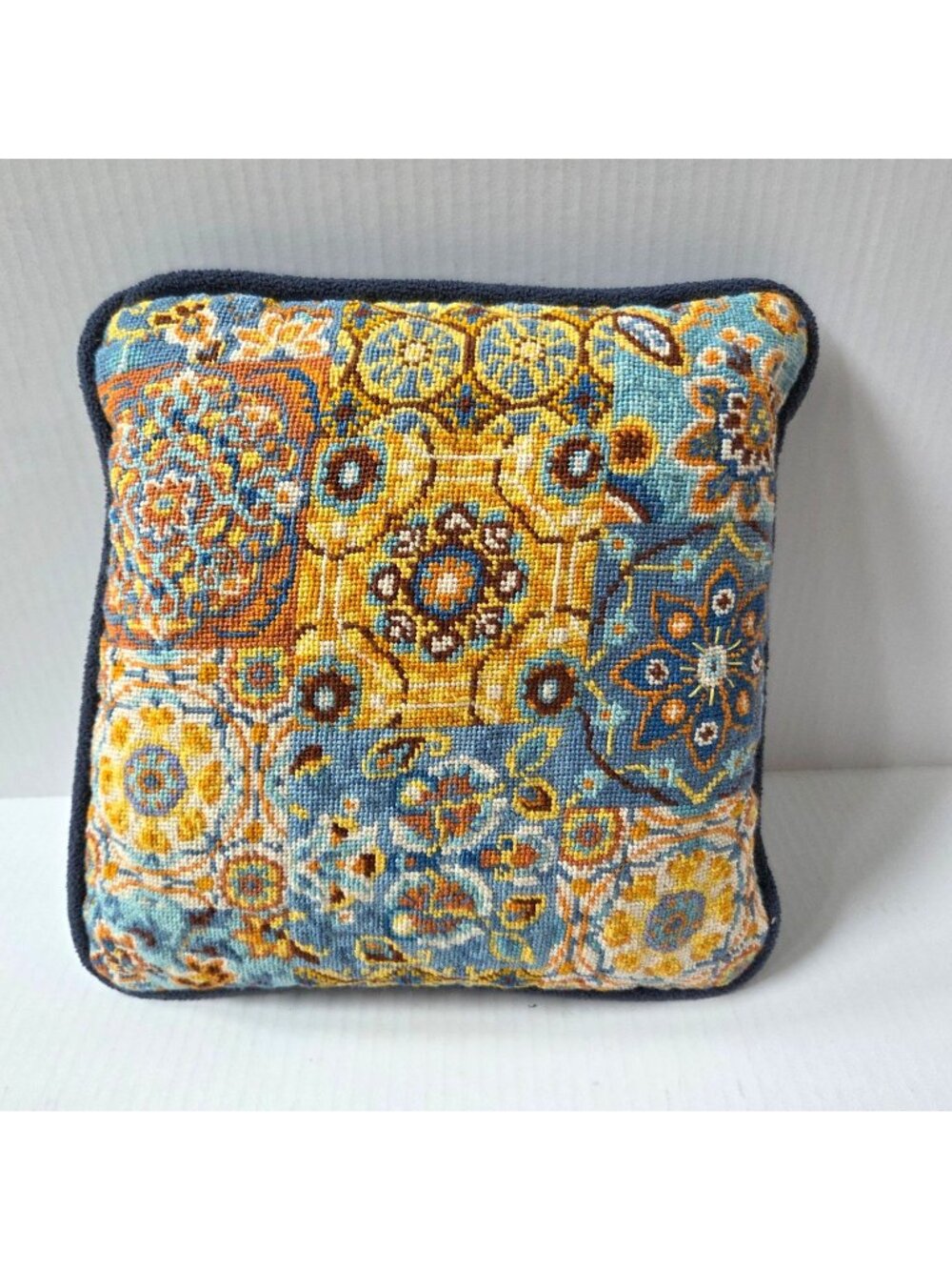 Vintage Handmade Blue Yellow Needlepoint Pillow 14"x14" Boho Cottagecore